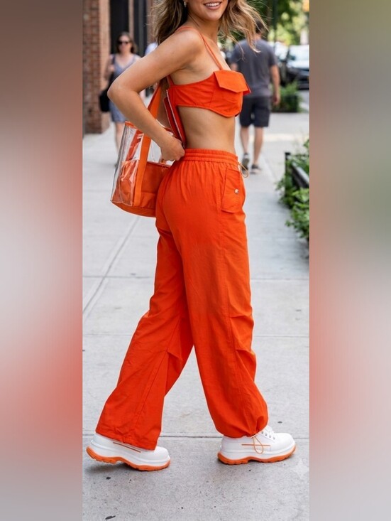 Muy Muy Pants - MUY MUY Fancy Collection 2 Piece Cargo Pant Set Orange Crop Top Size L